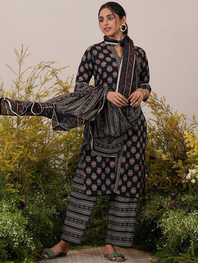 Black Printed Cotton Straight Suit With Dupatta - Libas