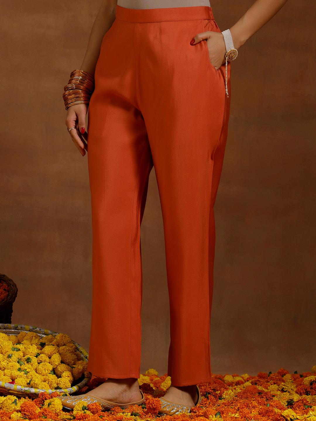 Rust Solid Silk Blend A-Line Kurta With Trousers & Dupatta