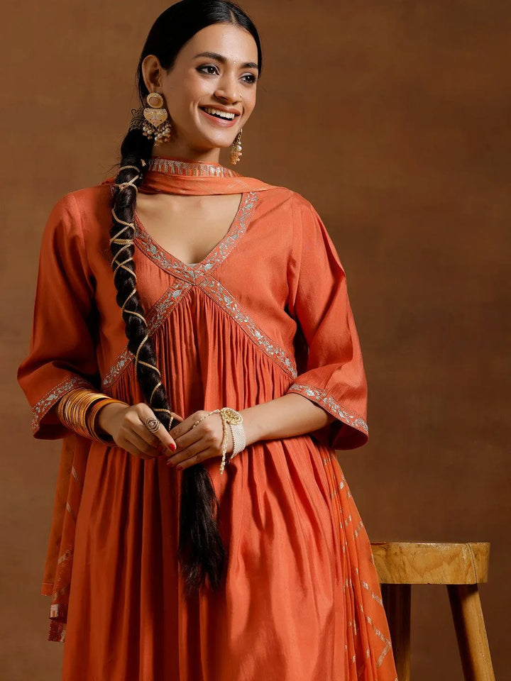Rust Solid Silk Blend A-Line Kurta With Trousers & Dupatta - Libas