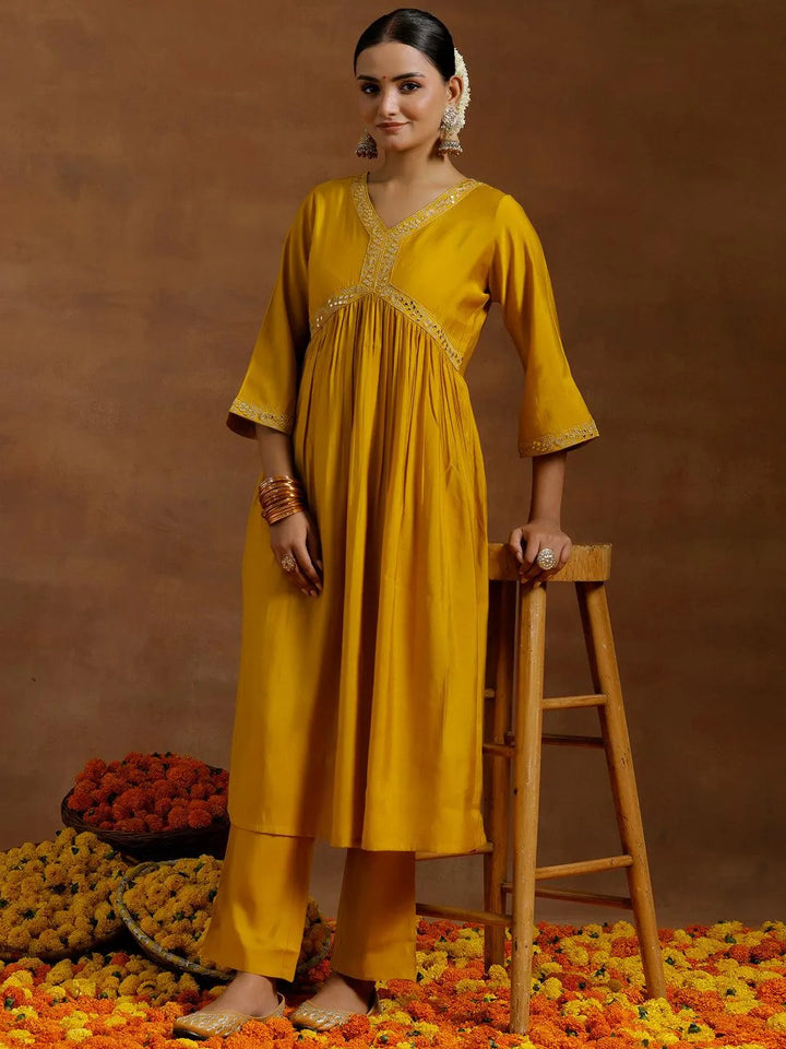 Mustard Solid Silk Blend A-Line Kurta With Trousers - Libas