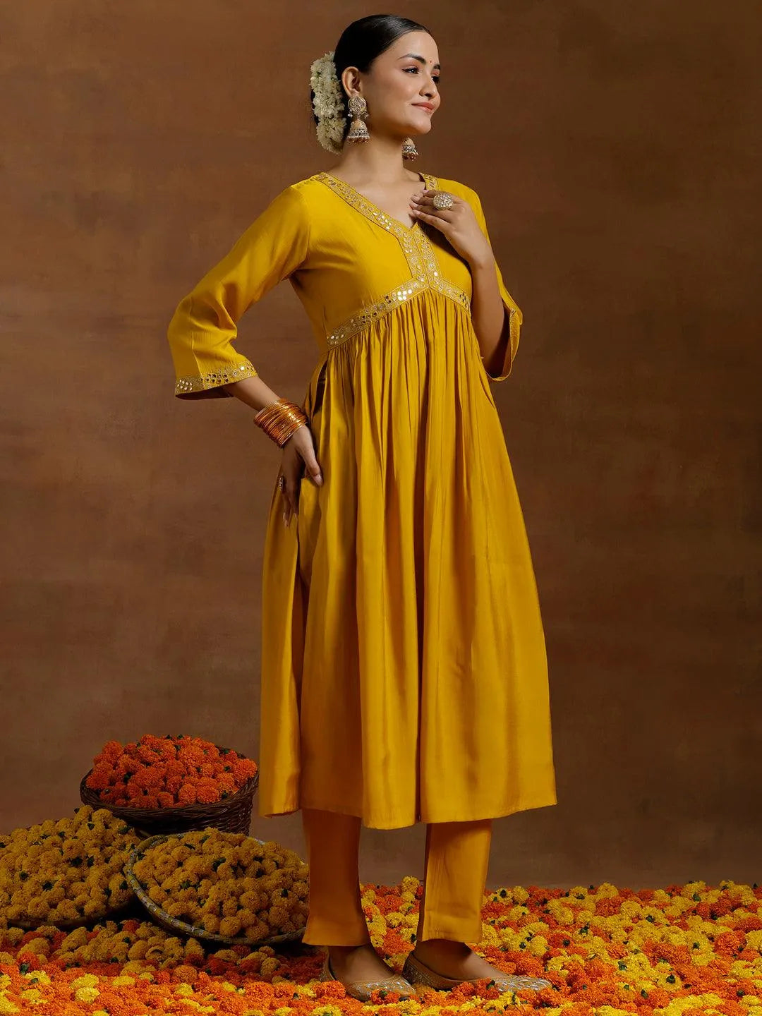 Mustard Solid Silk Blend A-Line Kurta With Trousers - Libas 