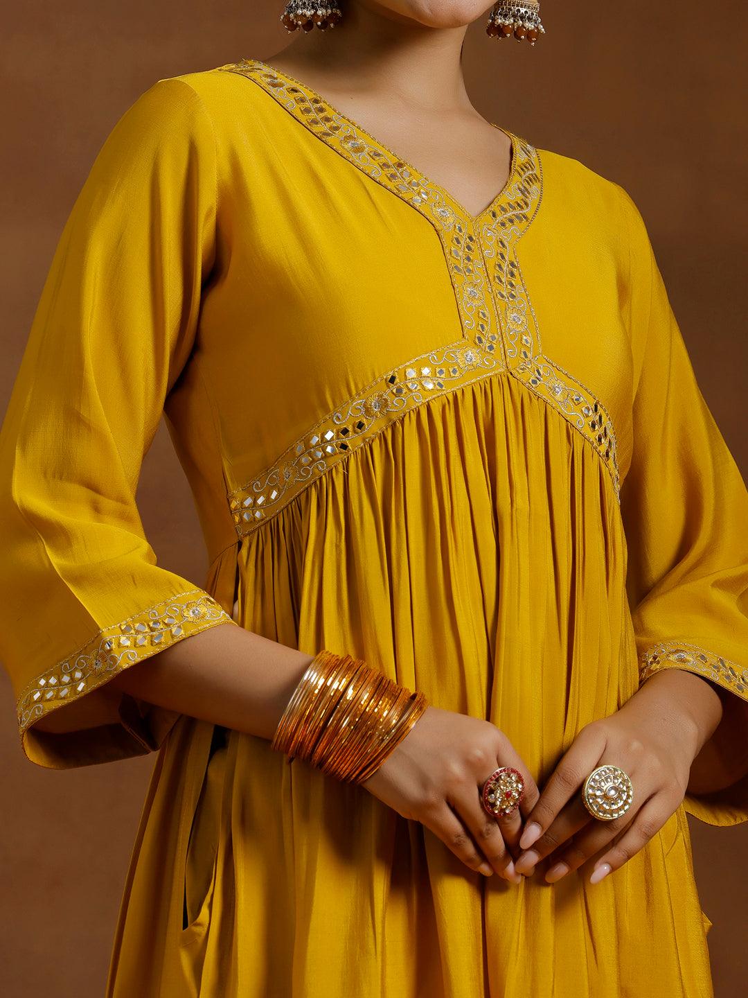 Mustard Solid Silk Blend A-Line Kurta With Trousers
