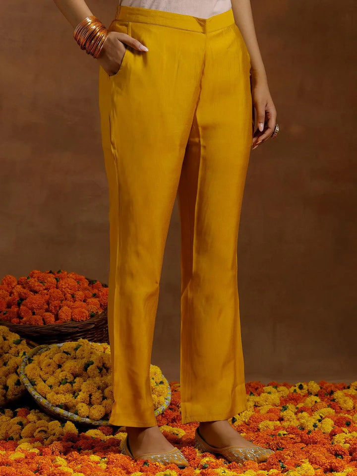 Mustard Solid Silk Blend A-Line Kurta With Trousers - Libas