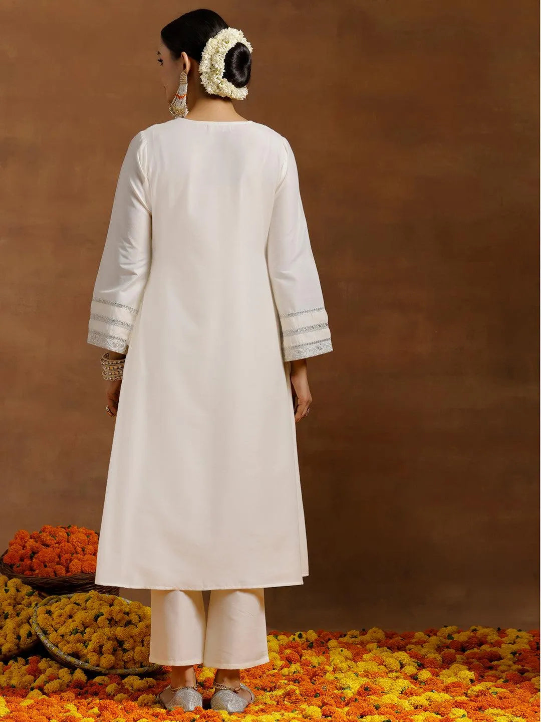 Off white Yoke Design Silk Blend A-Line Kurta With Trousers - Libas 