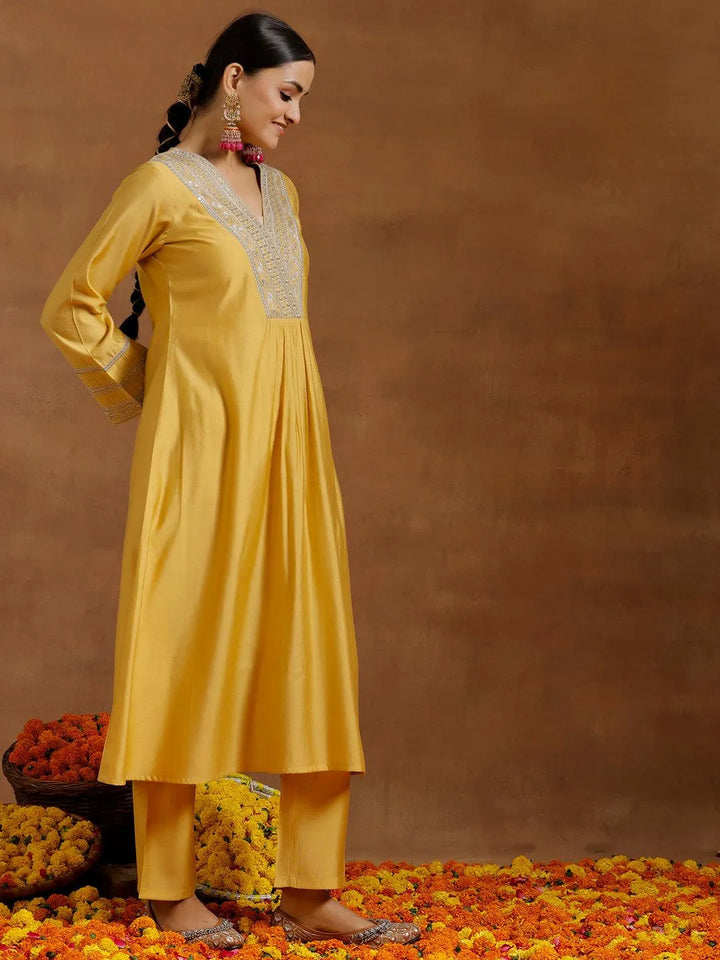 Yellow Yoke Design Silk Blend A-Line Kurta With Trousers - Libas