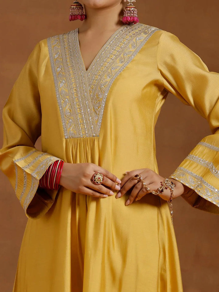 Yellow Yoke Design Silk Blend A-Line Kurta With Trousers - Libas