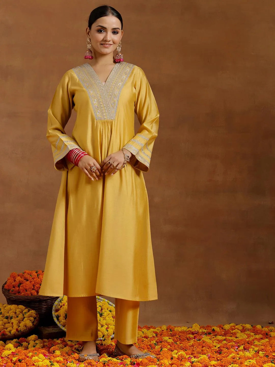 Yellow Yoke Design Silk Blend A-Line Kurta With Trousers - Libas 