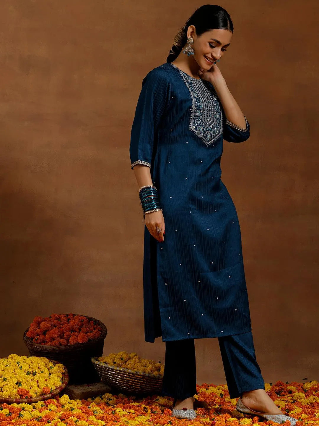 Blue Embroidered Silk Blend Straight Kurta Set - Libas