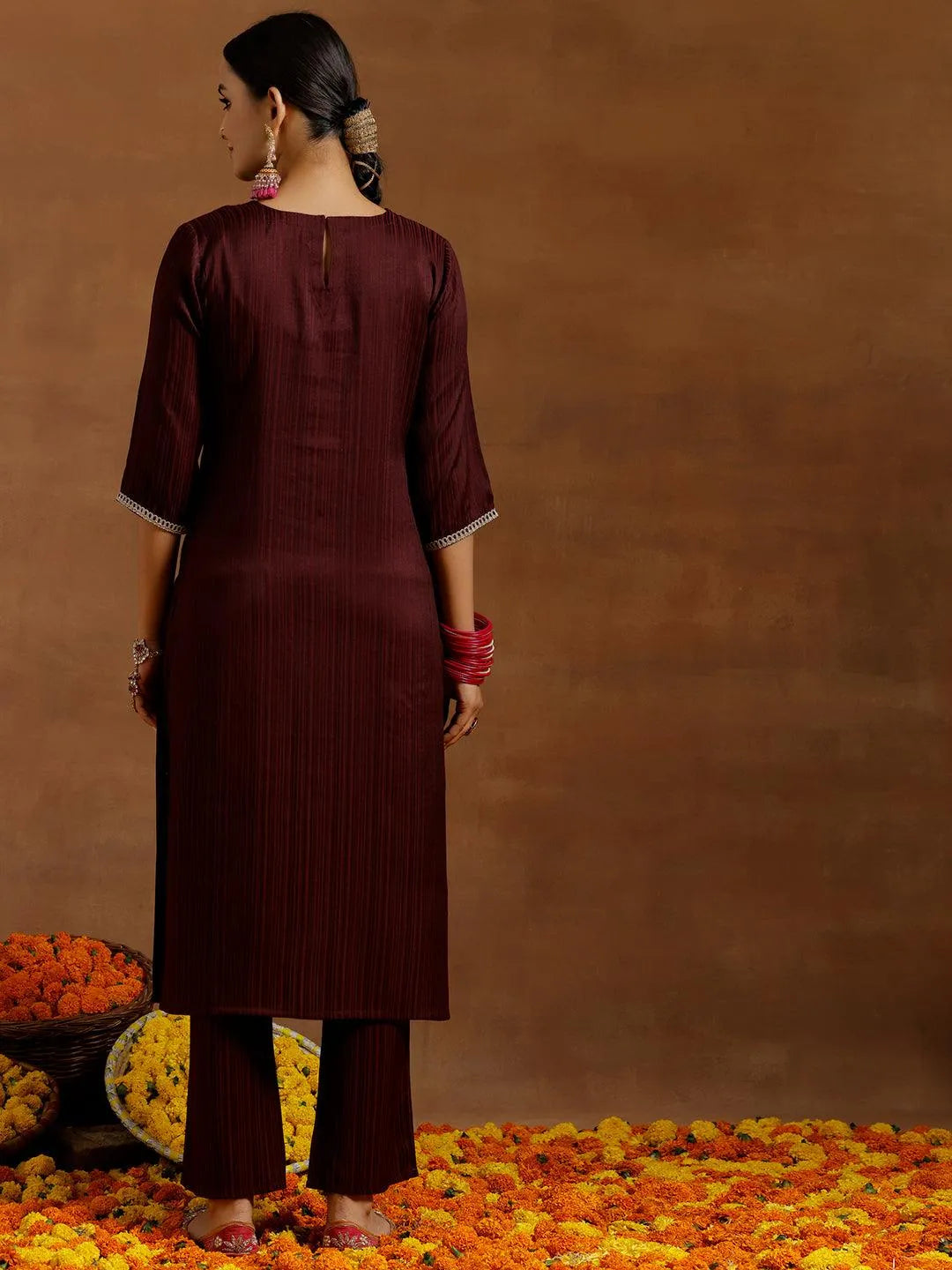 Maroon Embroidered Silk Blend Straight Kurta Set - Libas 