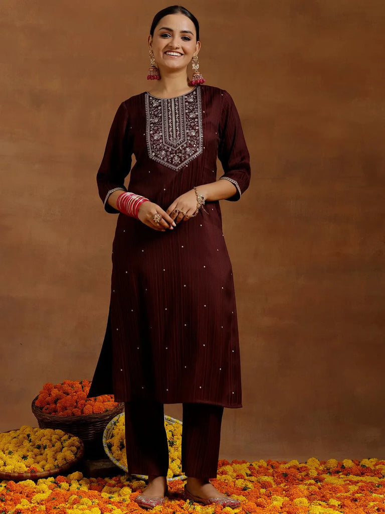 Gerua Maroon Embroidered Silk Blend Straight Kurta Set