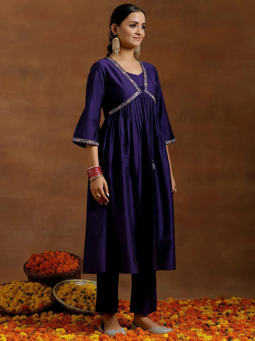 Purple Solid Silk Blend A-Line Kurta With Trousers & Dupatta - Libas 
