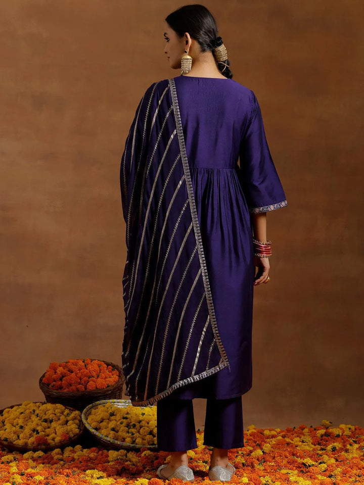 Purple Solid Silk Blend A-Line Kurta With Trousers & Dupatta - Libas