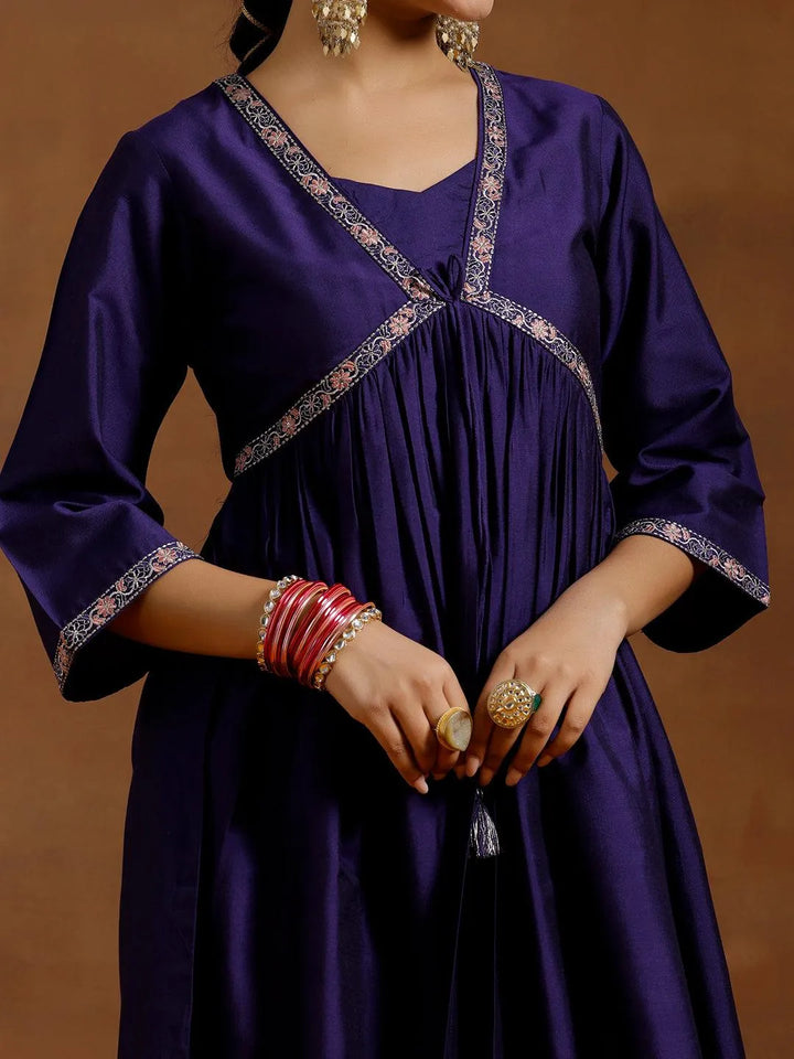 Purple Solid Silk Blend A-Line Kurta With Trousers & Dupatta - Libas