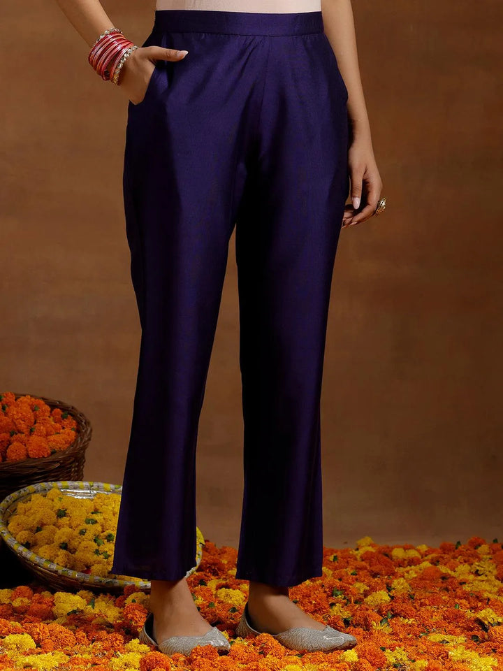Purple Solid Silk Blend A-Line Kurta With Trousers & Dupatta - Libas