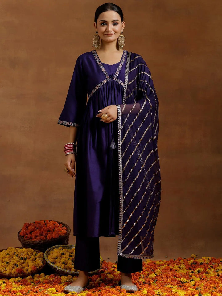 Purple Solid Silk Blend A-Line Kurta With Trousers & Dupatta - Libas