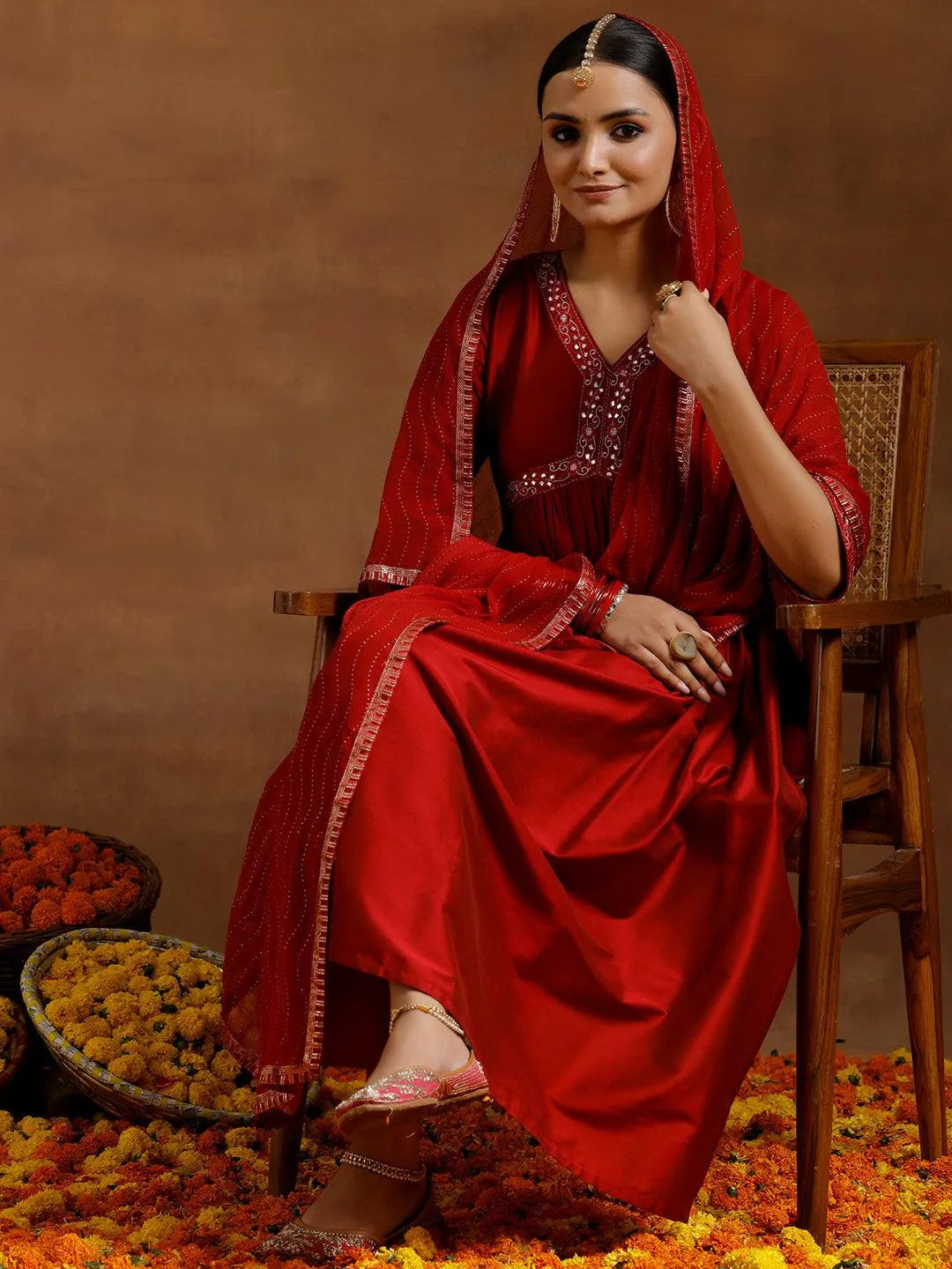 libas Red Solid Silk Blend A-Line Kurta With Trousers & Dupatta-picture-43