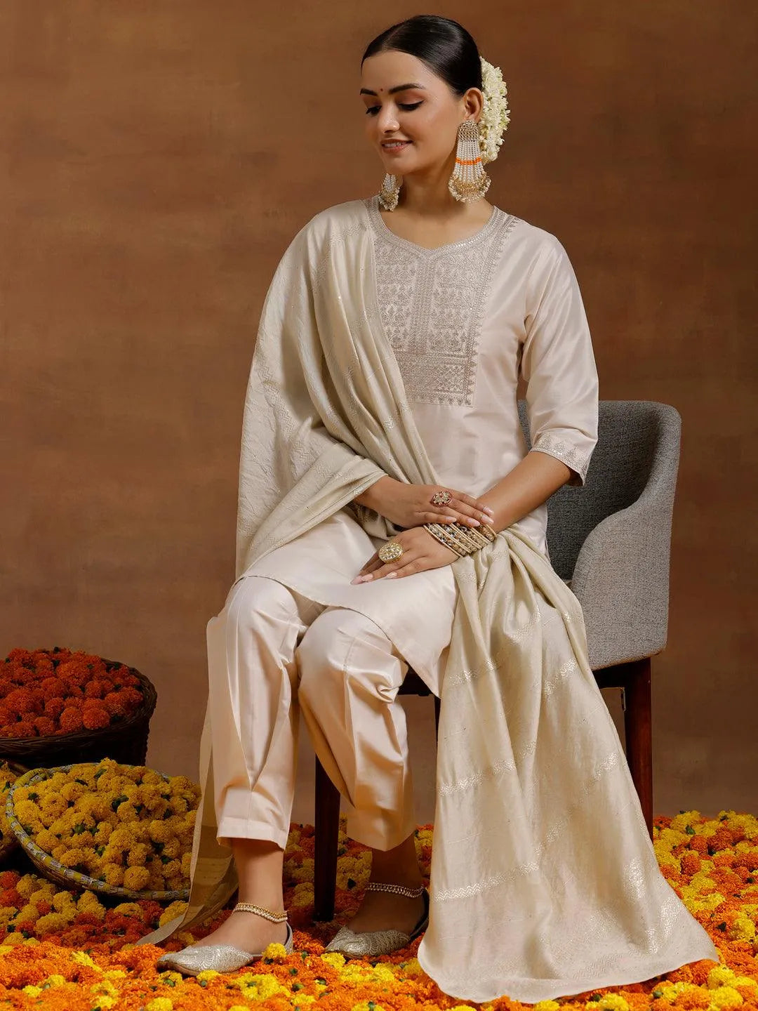Off White Yoke Design Silk Blend Straight Suit With Dupatta - Libas
