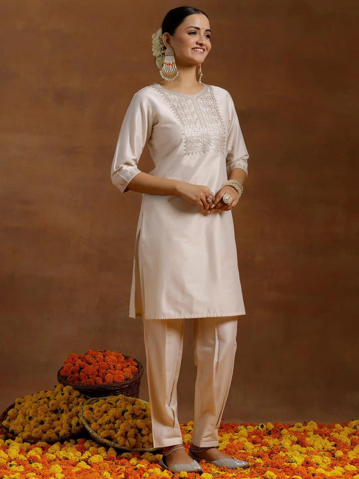 Off White Yoke Design Silk Blend Straight Suit With Dupatta - Libas