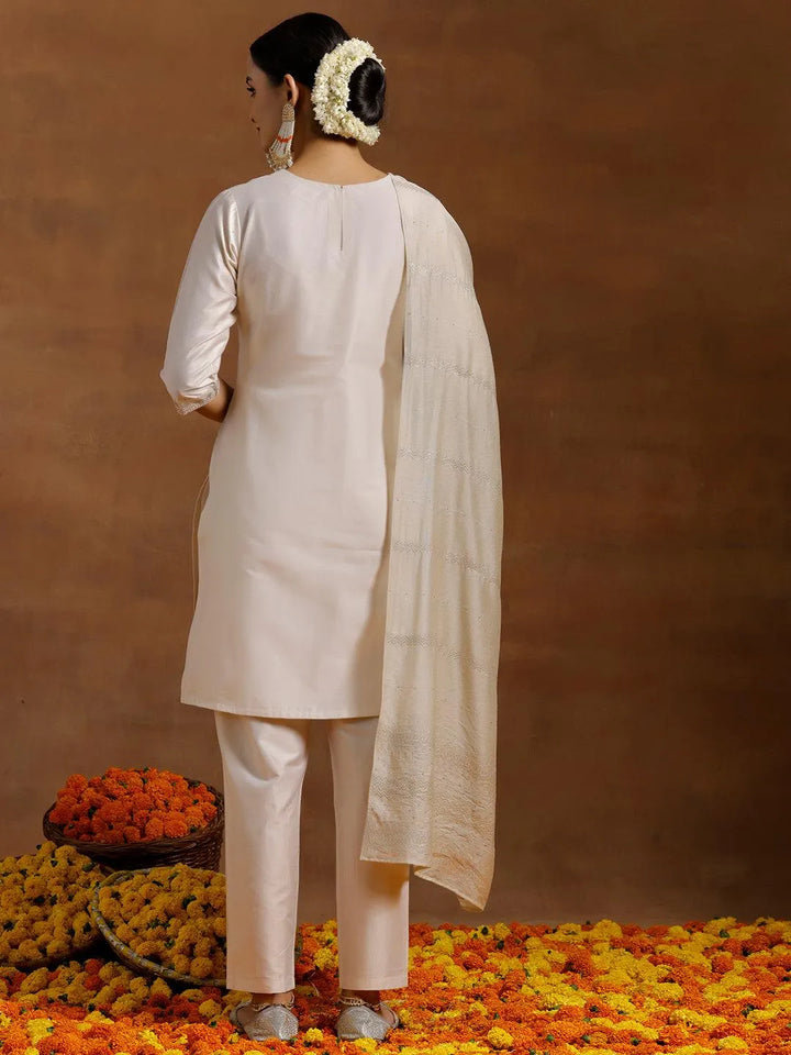 Off White Yoke Design Silk Blend Straight Suit With Dupatta - Libas