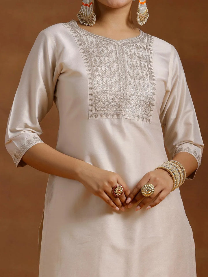 Off White Yoke Design Silk Blend Straight Suit With Dupatta - Libas