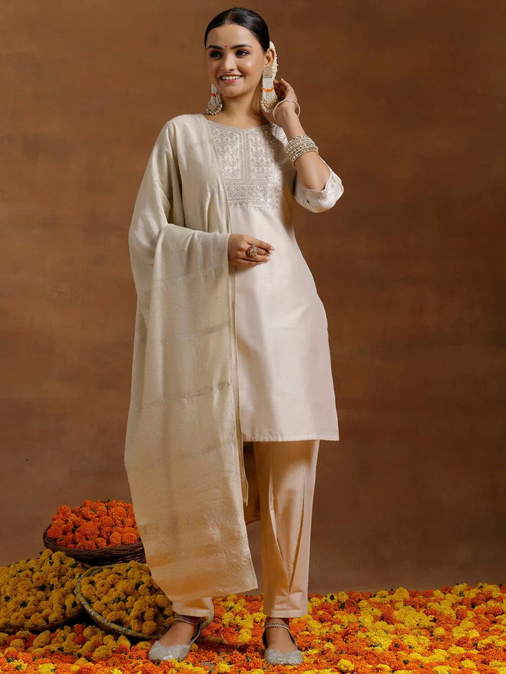 Off White Yoke Design Silk Blend Straight Suit With Dupatta - Libas