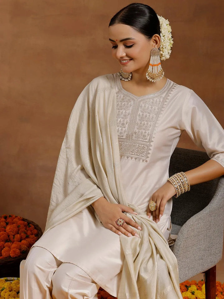 Off White Yoke Design Silk Blend Straight Suit With Dupatta - Libas