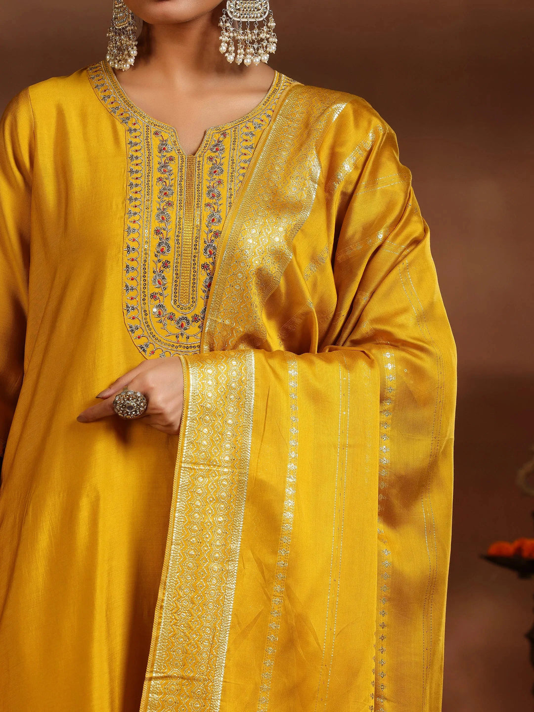  Yellow Yoke Design Silk Blend Straight Suit With Dupatta 