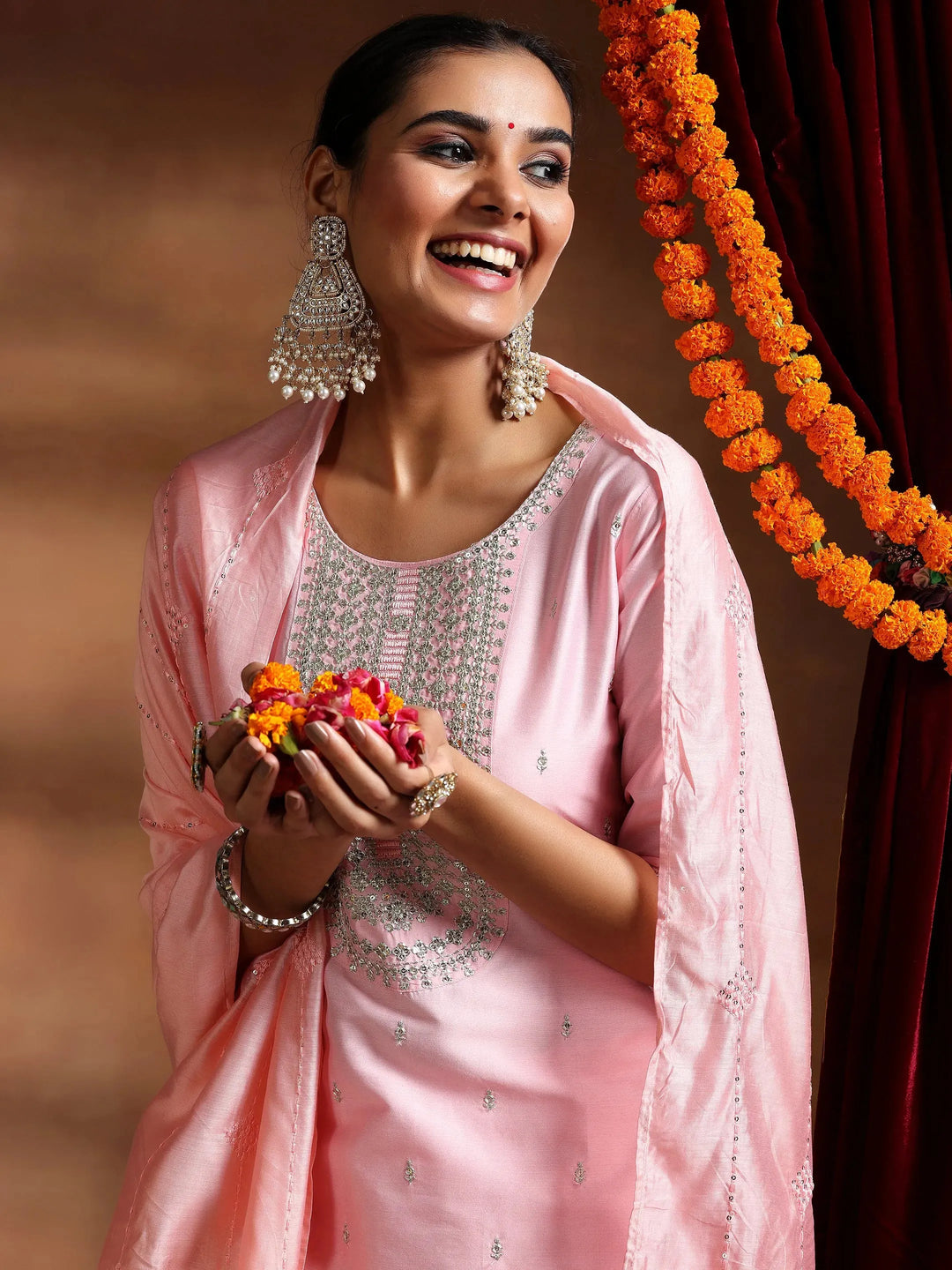  Pink Embroidered Silk Blend Straight Suit With Dupatta 