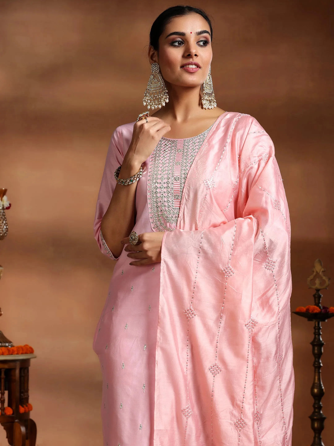  Pink Embroidered Silk Blend Straight Suit With Dupatta 