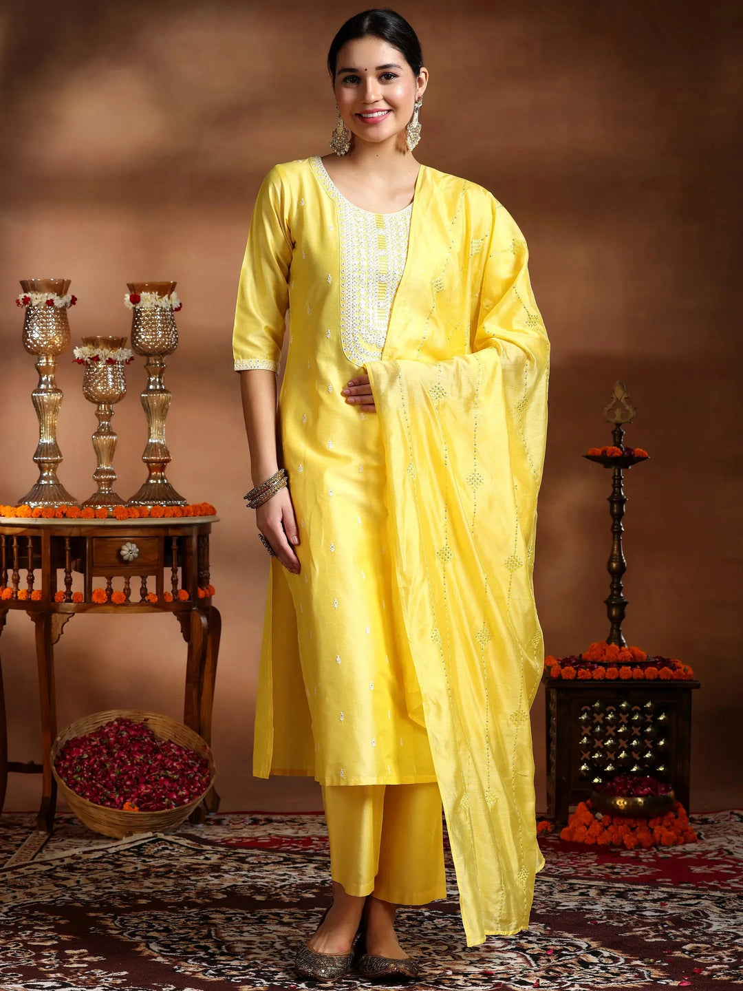  Yellow Embroidered Silk Blend Straight Suit With Dupatta 
