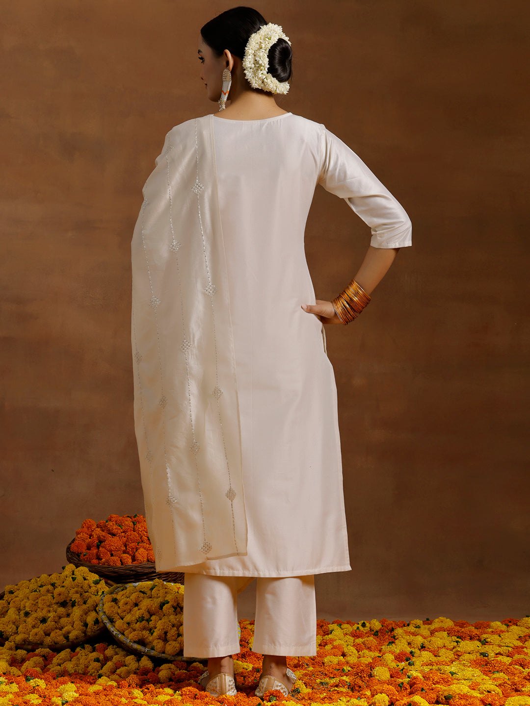  Off White Embroidered Silk Blend Straight Suit With Dupatta 