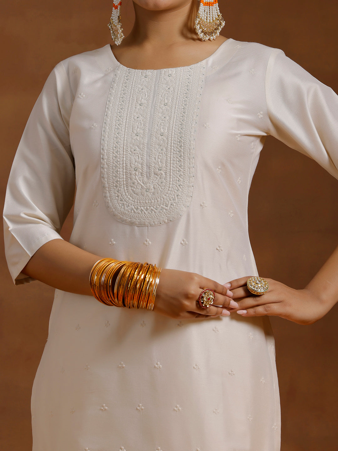  Off White Embroidered Silk Blend Straight Suit With Dupatta 