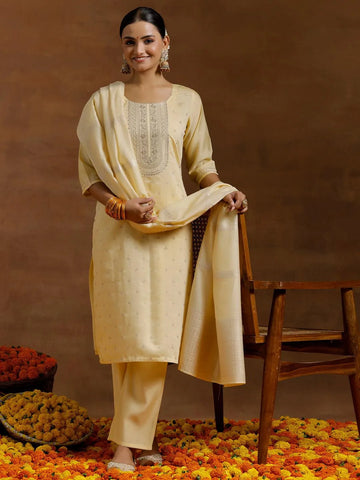 Lime Yellow Embroidered Silk Blend Straight Suit With Dupatta