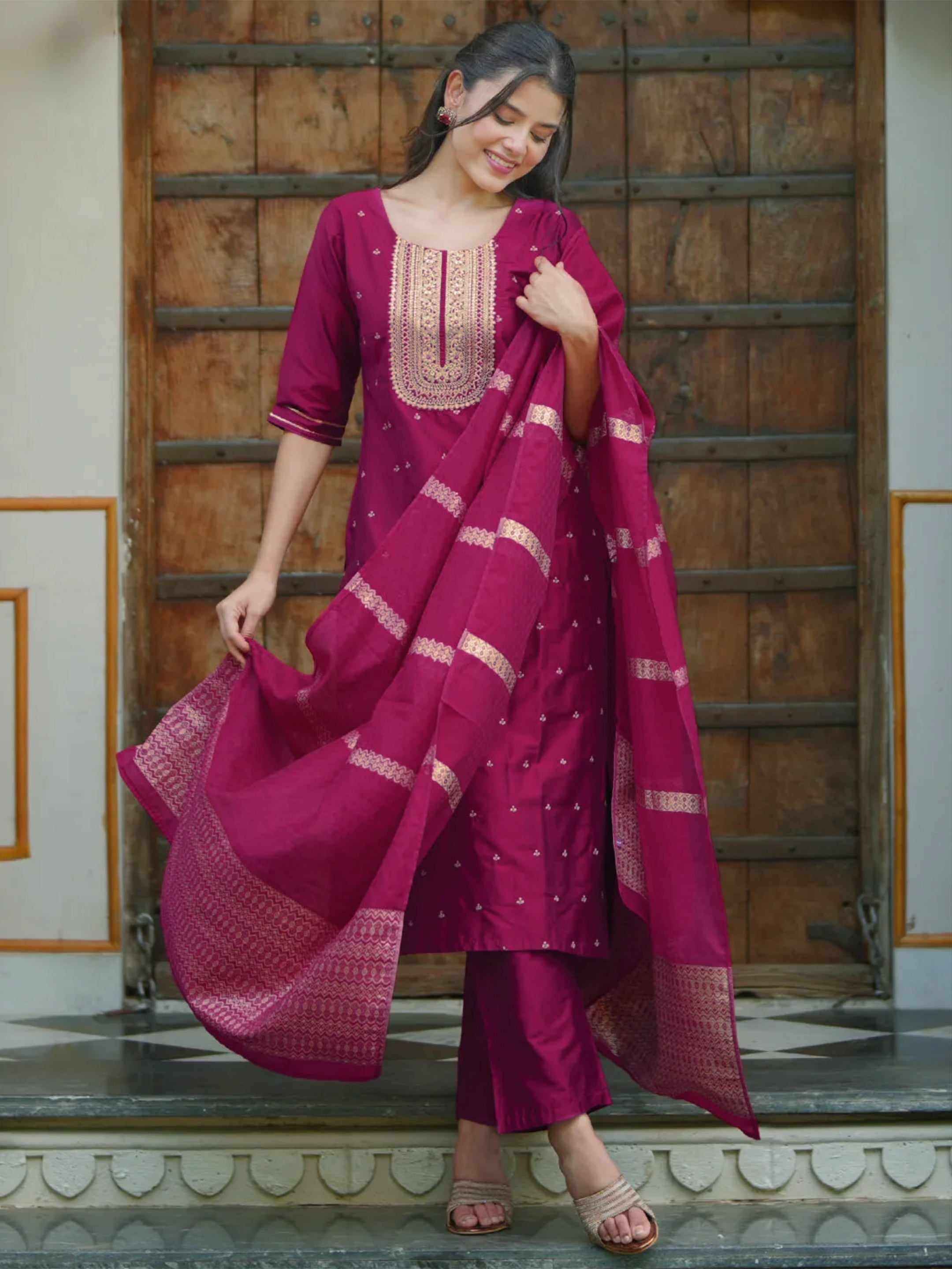 libas Pink Embroidered Silk Blend Straight Suit With Dupatta-picture-34