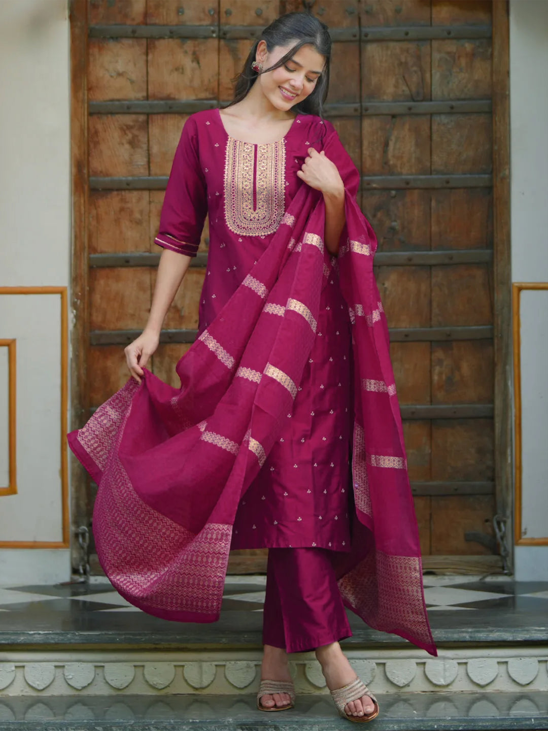  Pink Embroidered Silk Blend Straight Suit With Dupatta 