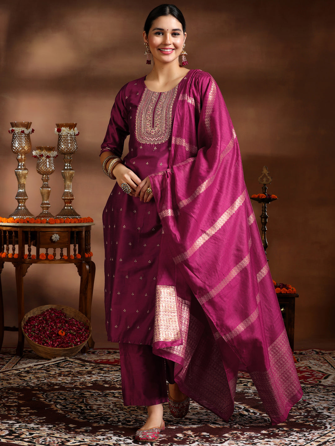  Pink Embroidered Silk Blend Straight Suit With Dupatta 