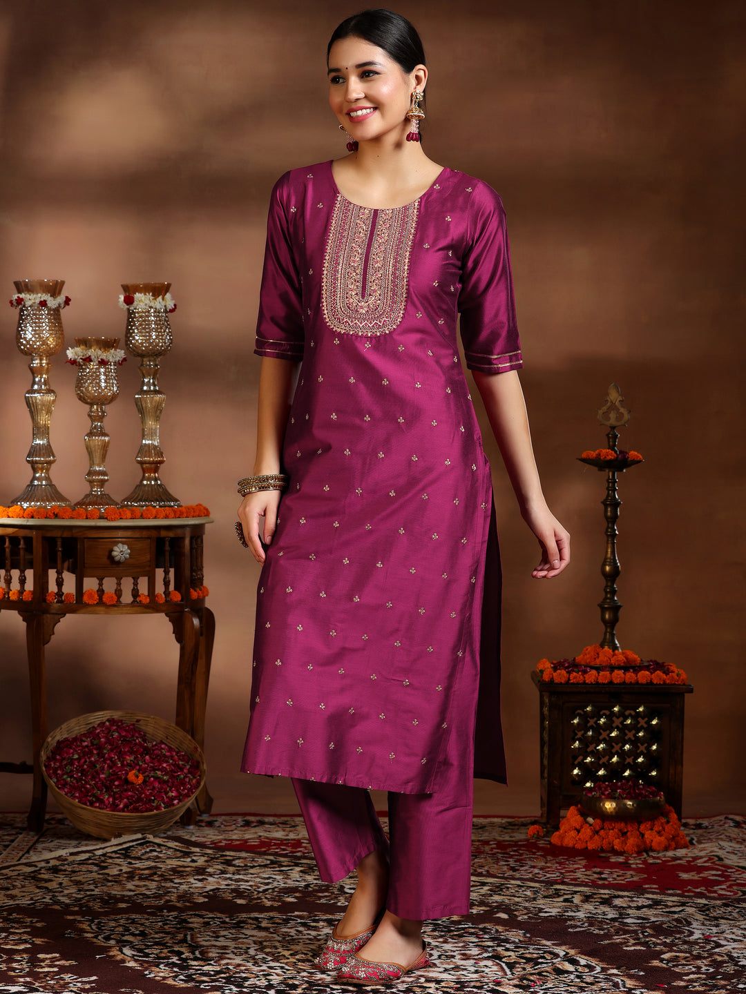  Pink Embroidered Silk Blend Straight Suit With Dupatta 