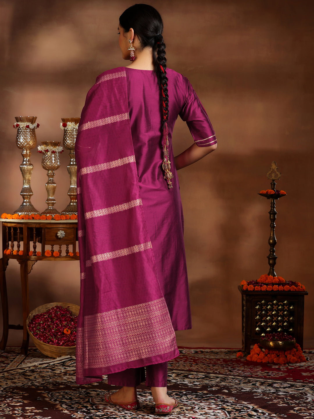  Pink Embroidered Silk Blend Straight Suit With Dupatta 
