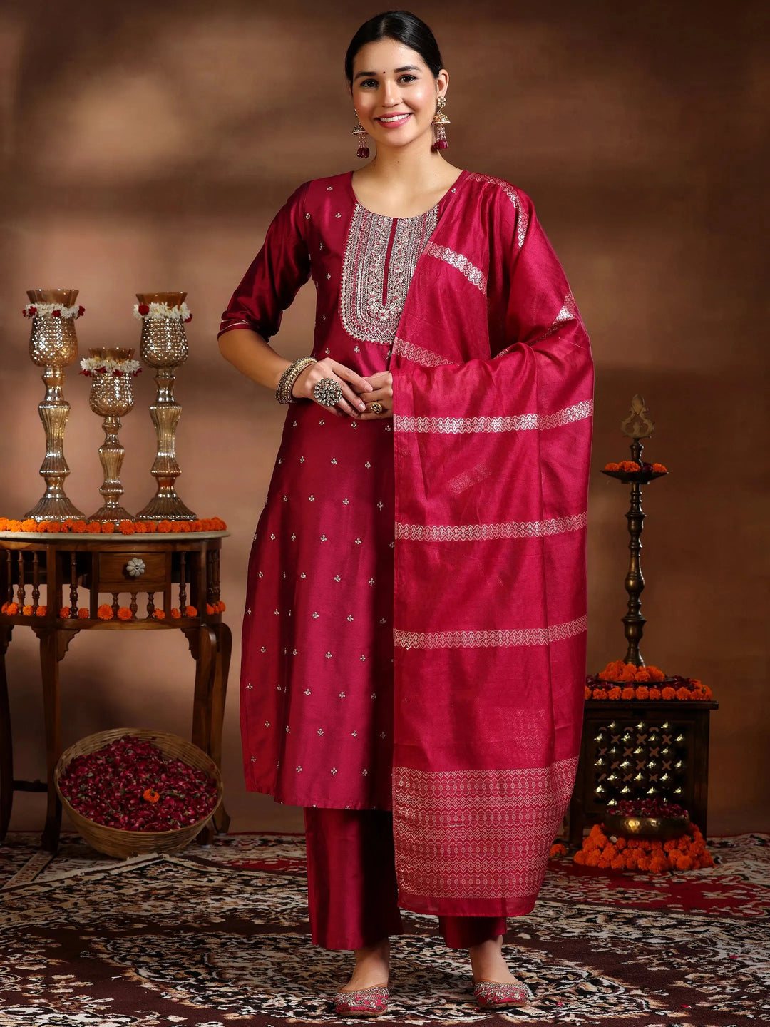  Pink Embroidered Silk Blend Straight Suit With Dupatta 
