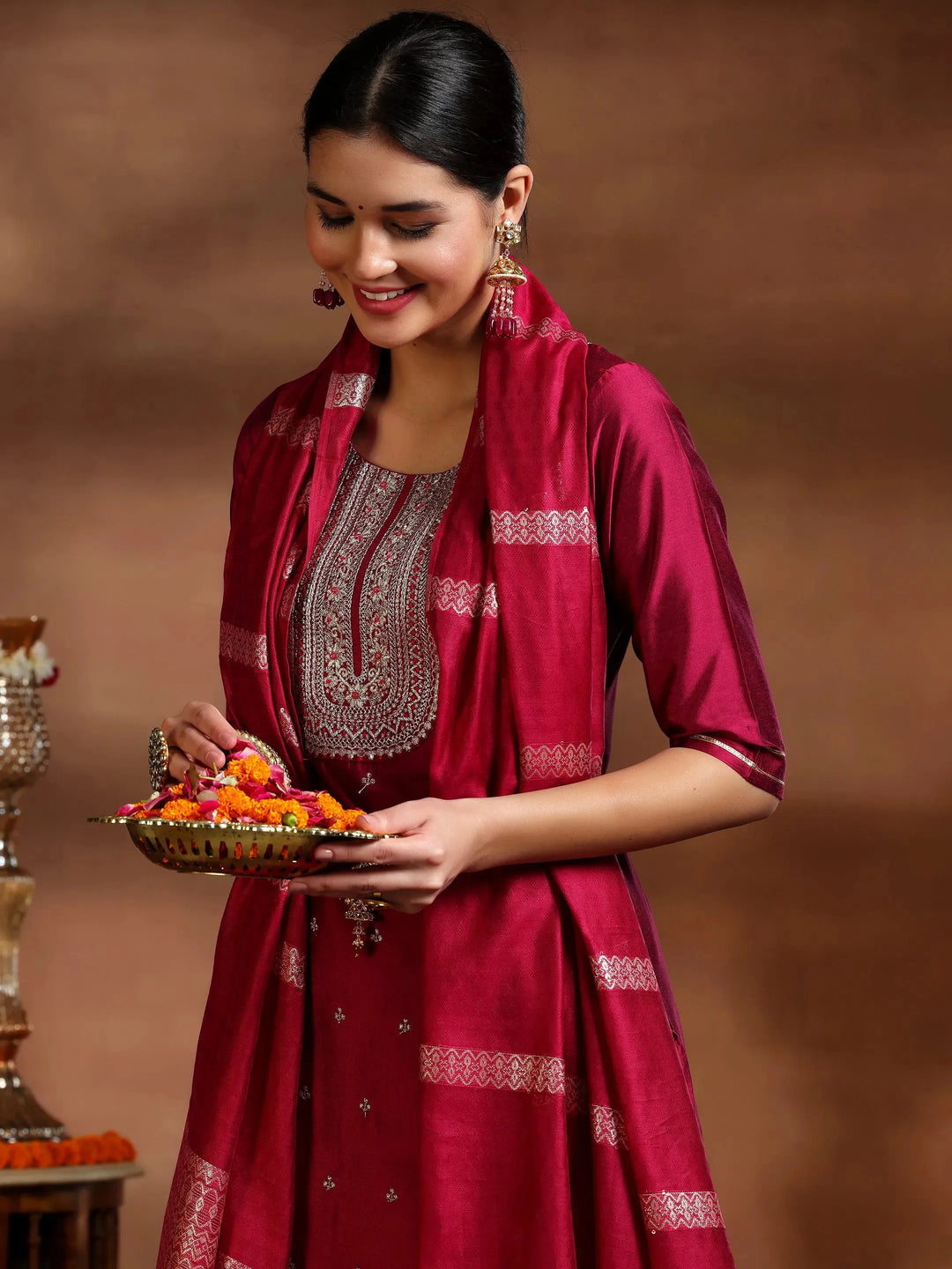  Pink Embroidered Silk Blend Straight Suit With Dupatta 