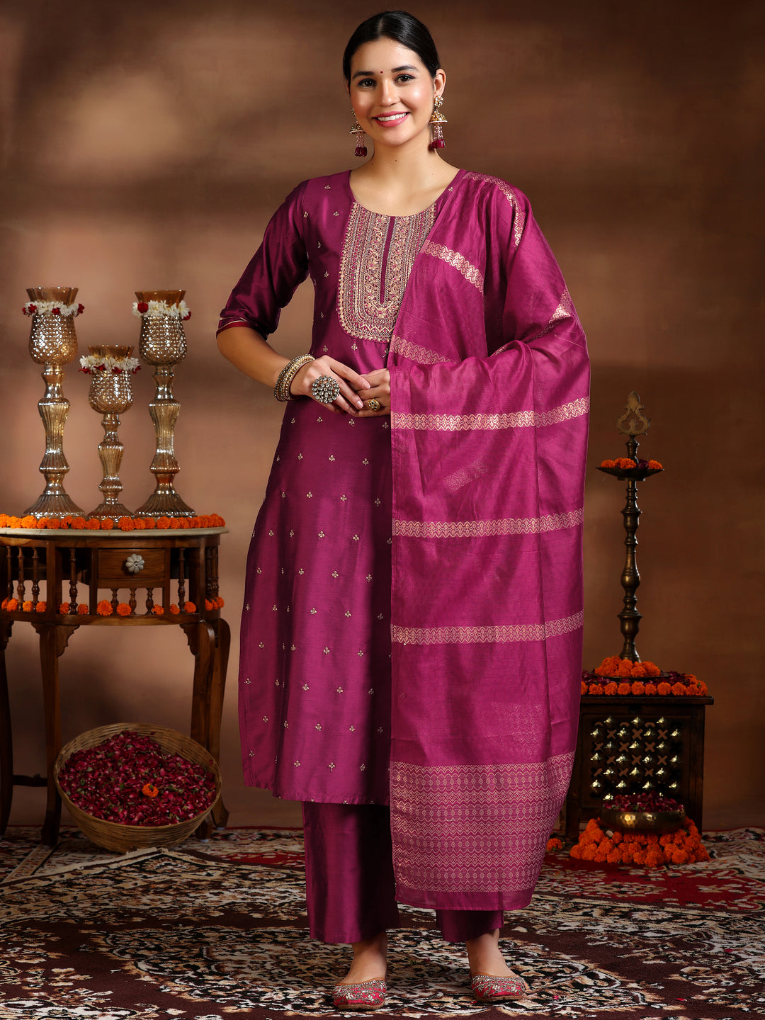  Pink Embroidered Silk Blend Straight Suit With Dupatta 