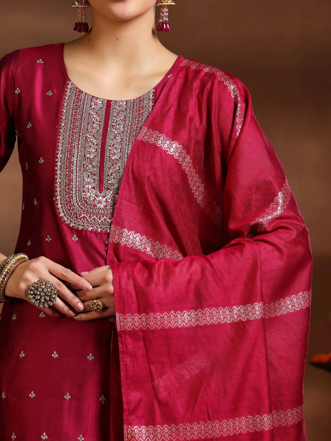  Pink Embroidered Silk Blend Straight Suit With Dupatta 