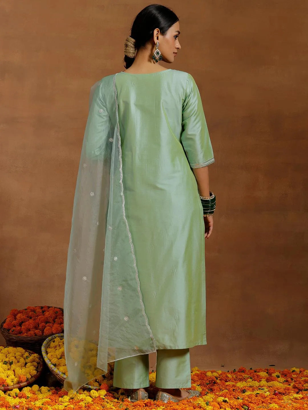 Light Green Embroidered Silk Blend Straight Suit With Dupatta - Libas 