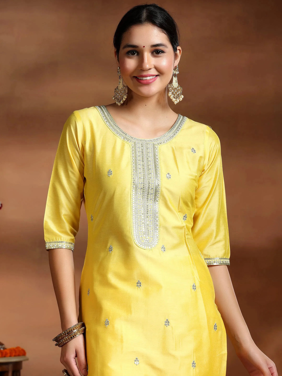 Yellow Embroidered Silk Blend Straight Suit With Dupatta 