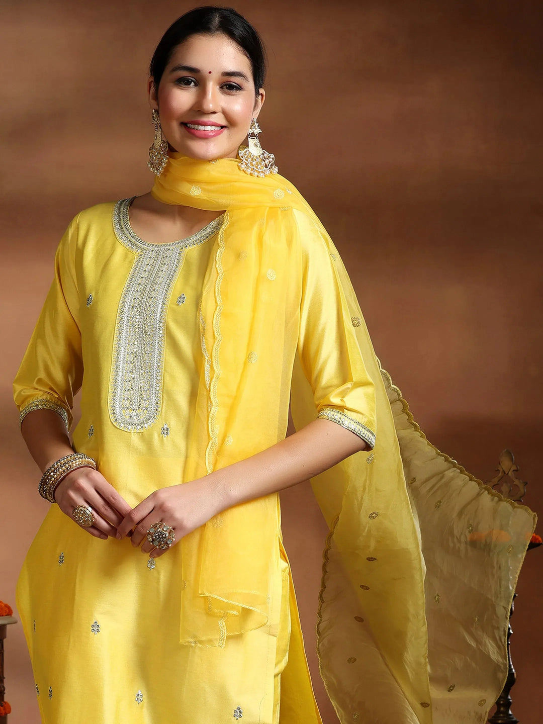  Yellow Embroidered Silk Blend Straight Suit With Dupatta 