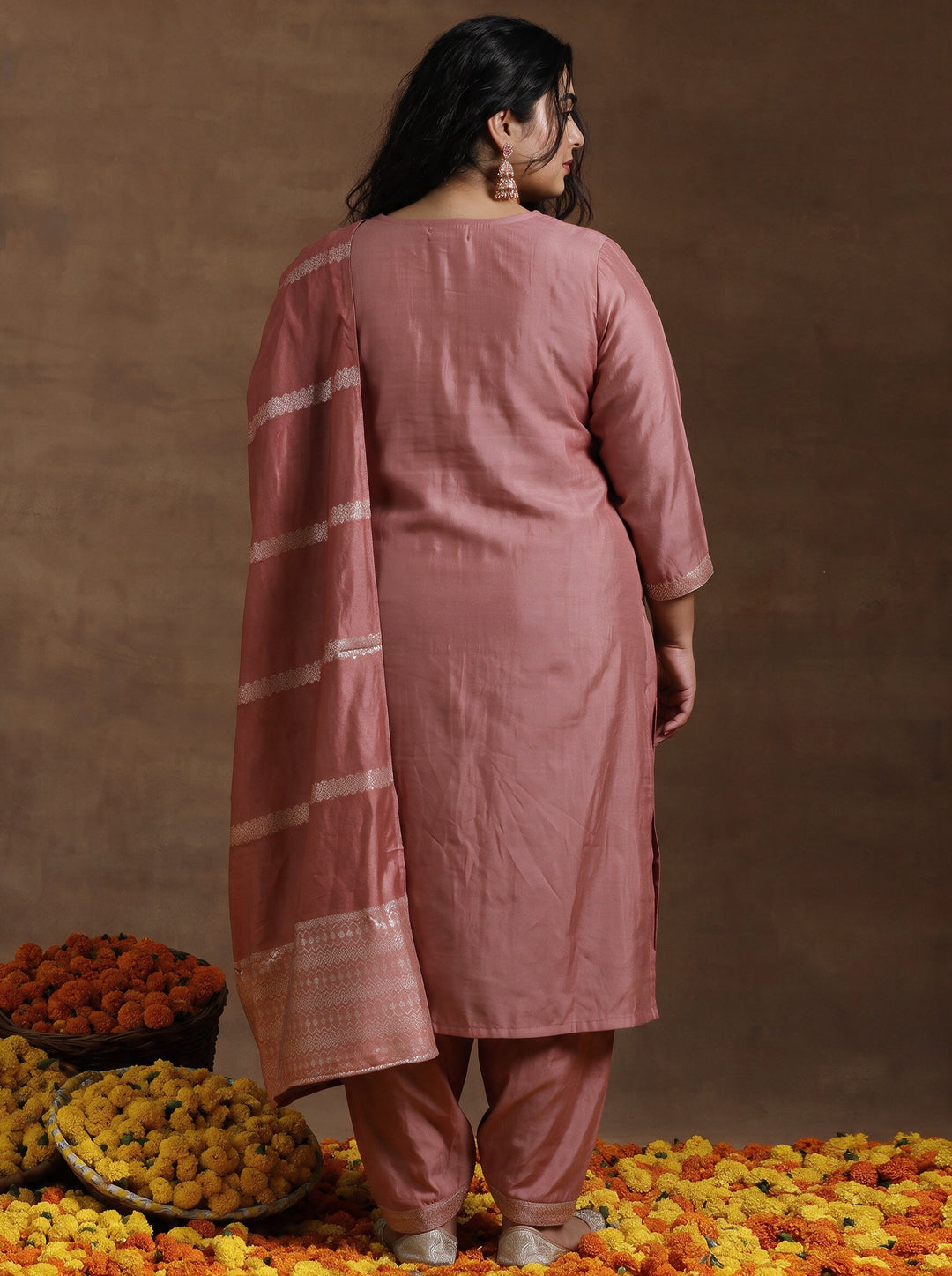  Plus Size Peach Yoke Design Straight Suit With Dupatta 