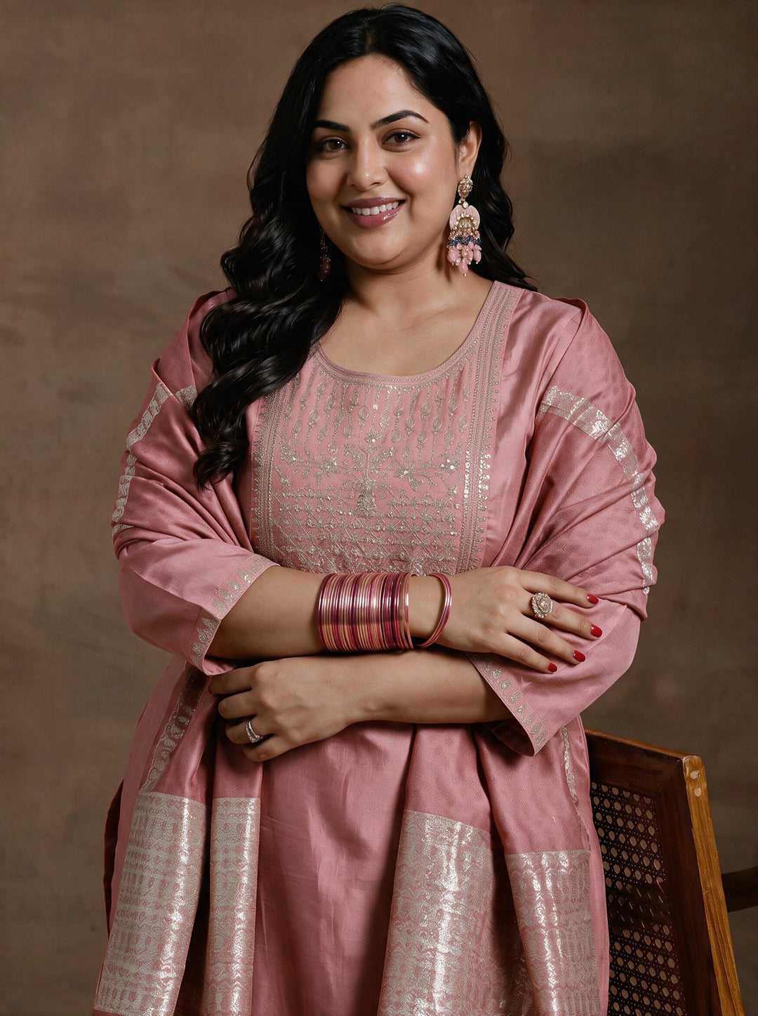  Plus Size Peach Yoke Design Straight Suit With Dupatta 