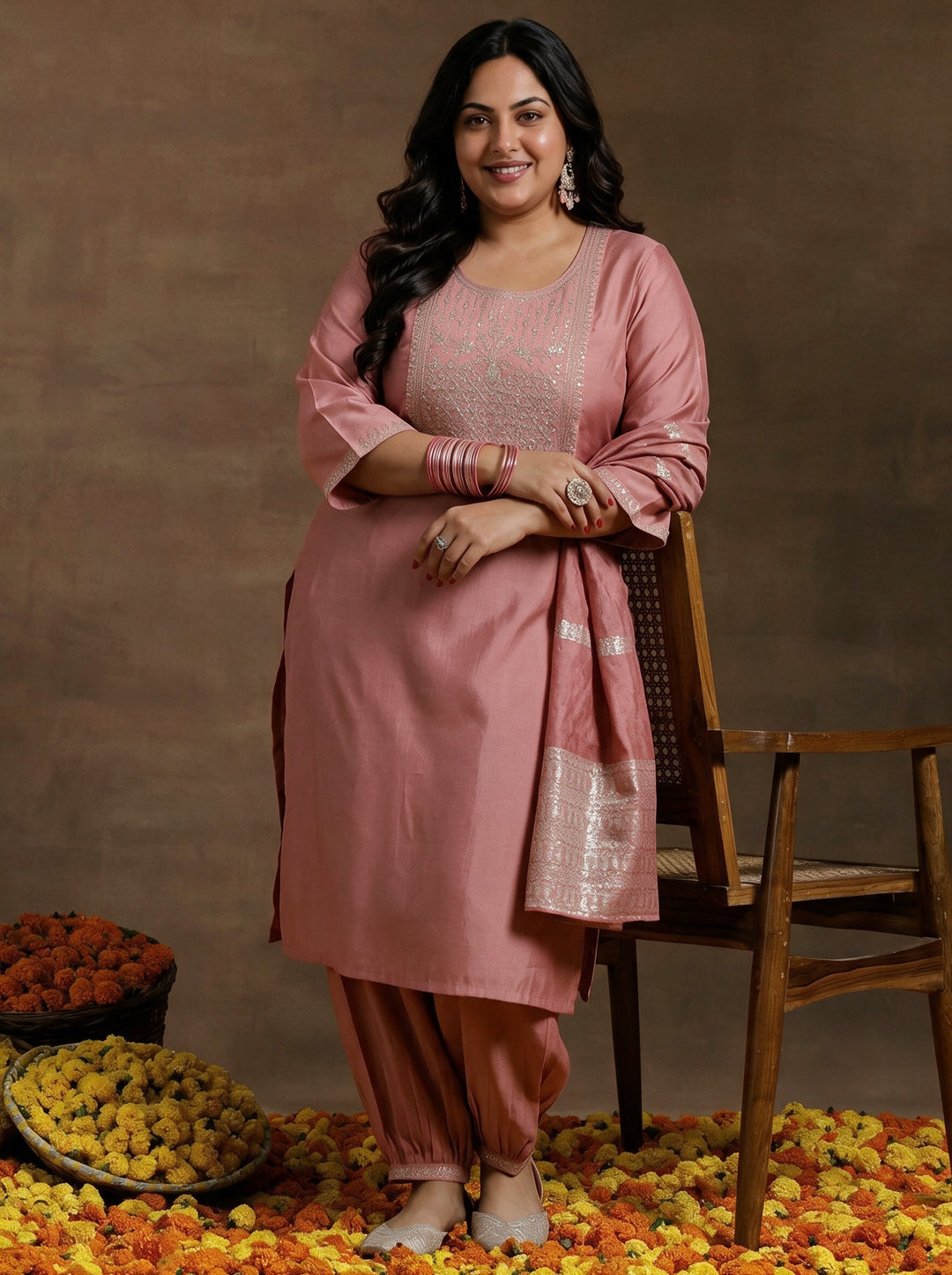  Plus Size Peach Yoke Design Straight Suit With Dupatta 