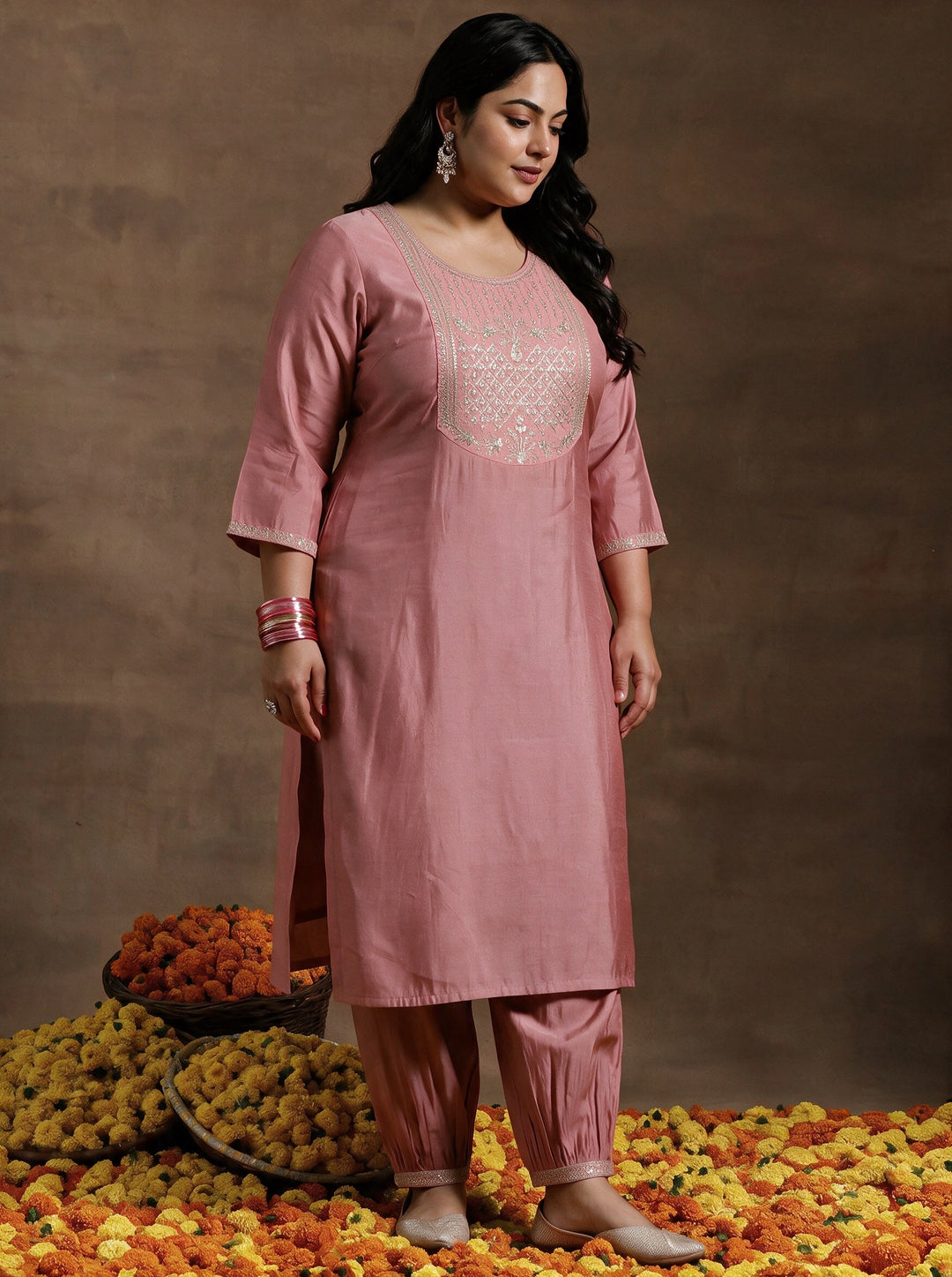  Plus Size Peach Yoke Design Straight Suit With Dupatta 