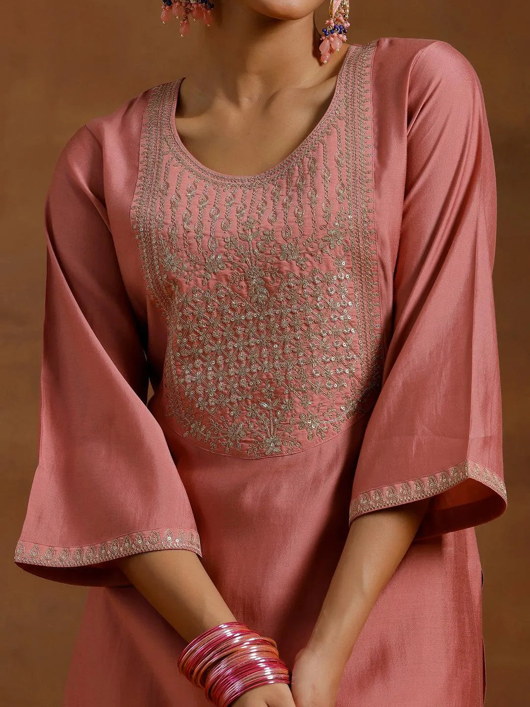 Peach Yoke Design Silk Blend Straight Suit With Dupatta - Libas 